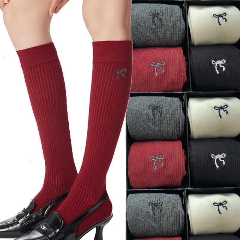 Ancla Red Long Bowknot Knitted Stockings Women Solid Color Elastic Socks Sweet Bowknot Embroidery Girls Vertical Knee-high Socks
