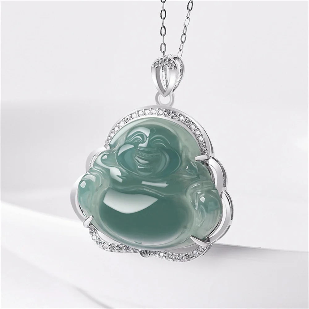 925 Silver Natural Ice Green Jadeite Carved Buddha Lucky Pendant S925 Amulet Necklace Certificate Charm Trendy Gift Jewelry