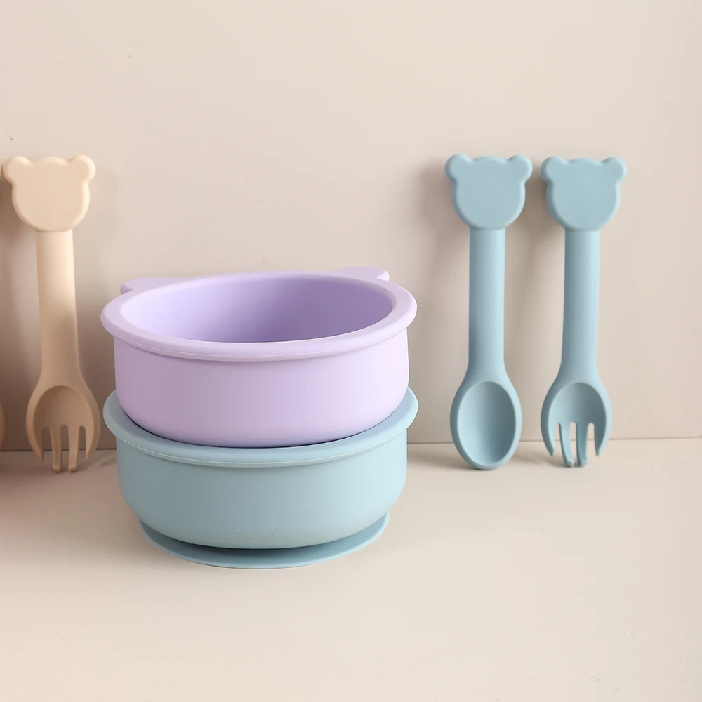 baby feeding bowl sauction food grade silicone boy girl tableware cute BEAR SHAPED spoon fork set