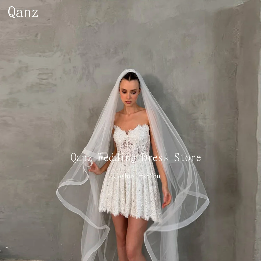 

Qanz Mini Glitter Sweetheart Wedding Dress Shiny Sequined Vestidos De Novia Short A Line Lace Up Back Robe De Mariée Customized