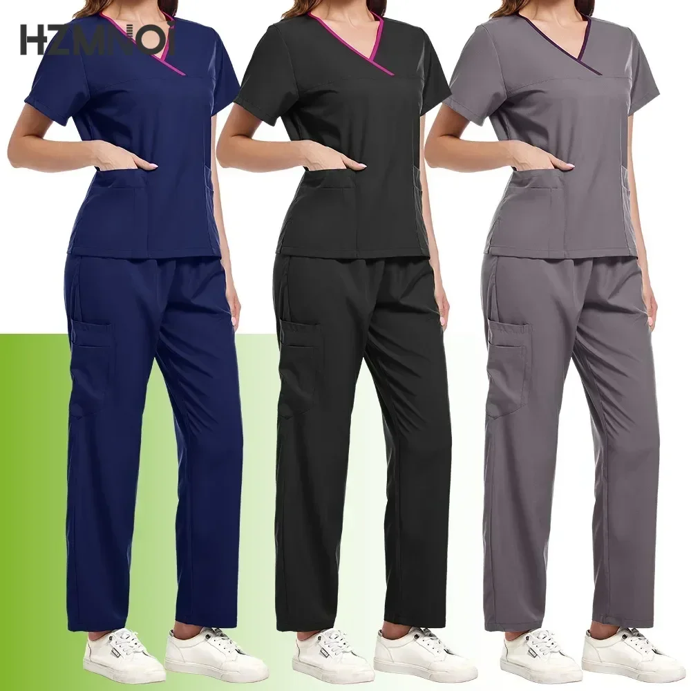 Conjunto de uniforme de enfermería para mujer, ropa informal de manga corta con cuello en V, ropa de trabajo de farmacia, uniforme médico de