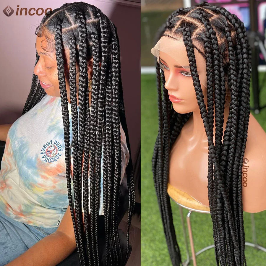 Synthetische Full Lace Frontale Gevlochten Pruiken 36 Inch Lange Cornrows Vlechten Voor Zwarte Afrikaanse Vrouwen Grote Knooploze Doos Vlechtende Pruiken