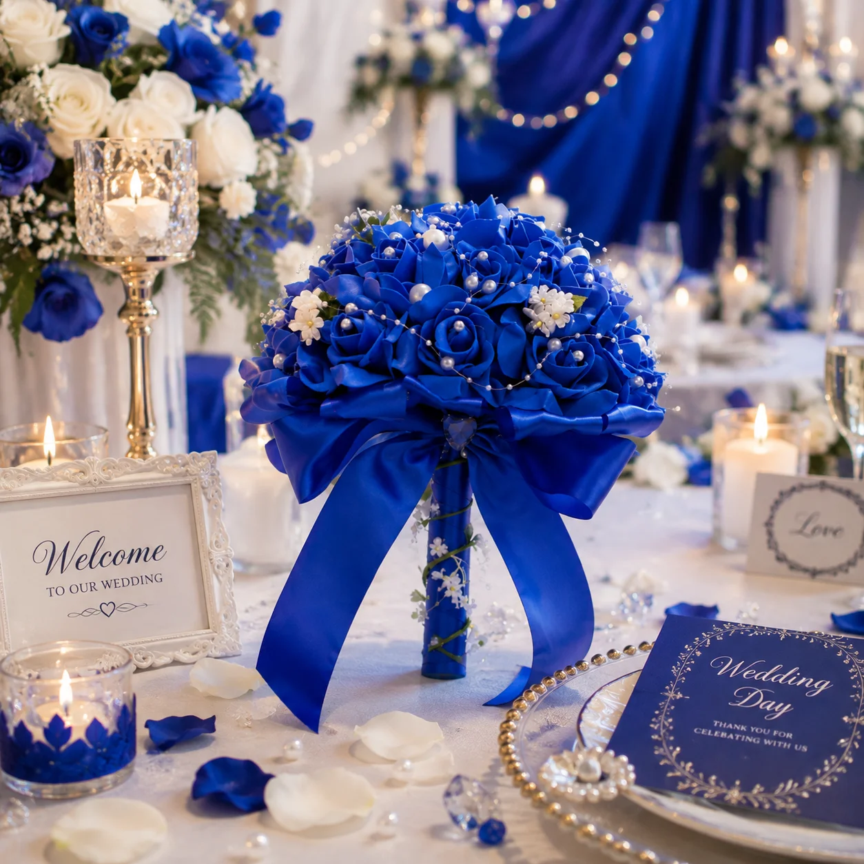 Royal Blue Bridal Bouquet Artificial Satin Rose With Pearl Decoration Large Ribbon Bow Bride Hand Flower Wedding Party Shooting