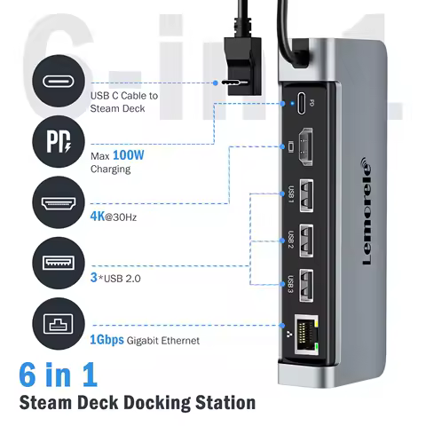 Lemorele 6 IN 1 USB C Docking Station for Steam Deck HDMI 4K30Hz RJ45 1000M PD 100W Dock Switch for Projector PC TV USB C HUB