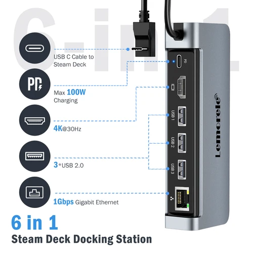 Imagen 1 del producto Lemorele 6 en 1 estación de acoplamiento USB C para Steam Deck HDMI 4K30Hz RJ45 1000M PD 100W interruptor de base para proyector PC TV USB C HUB