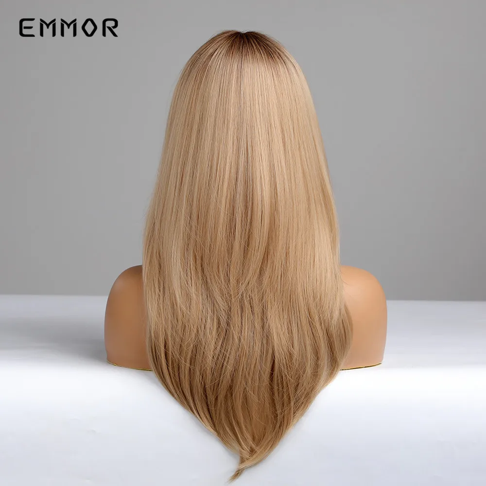 Emmor-Peluca de cabello sintético para mujer, postizo de color marrón a rubio con flequillo, Natural, resistente al calor, para uso diario