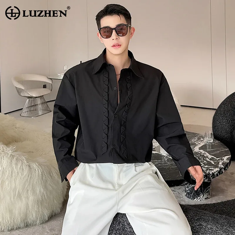 LUZHEN French Elegant Splicing Decorate Design Long Sleeve Tops Fashion Solid Color Men's Social Shirt New Casual Autumn LZ6217