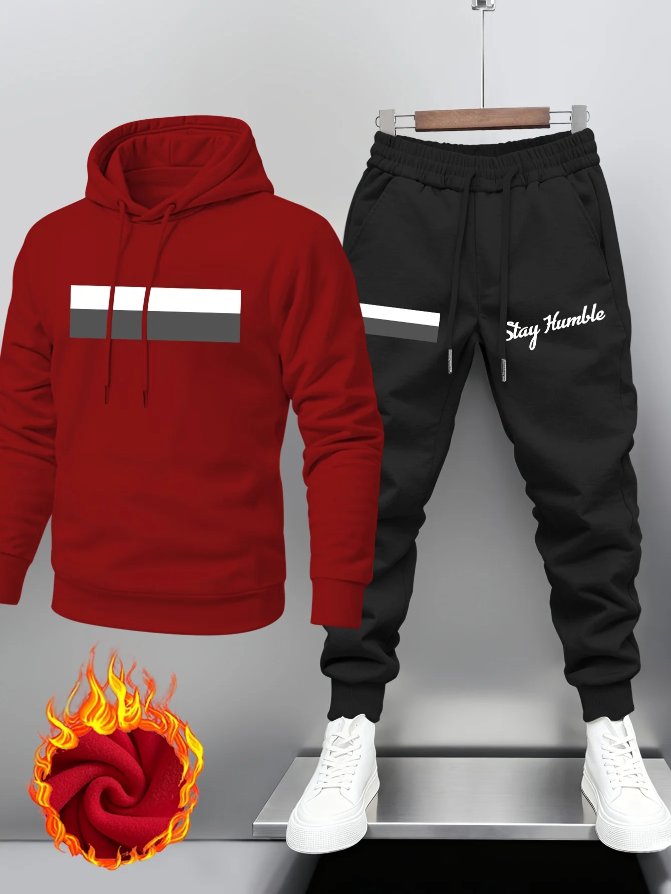 Men'S Hooded Sweatshirt and Jogger Pants Set | Casual Style with Side Stripe Design and Motivational Slogan, Slight Stretch Fabr - view 2