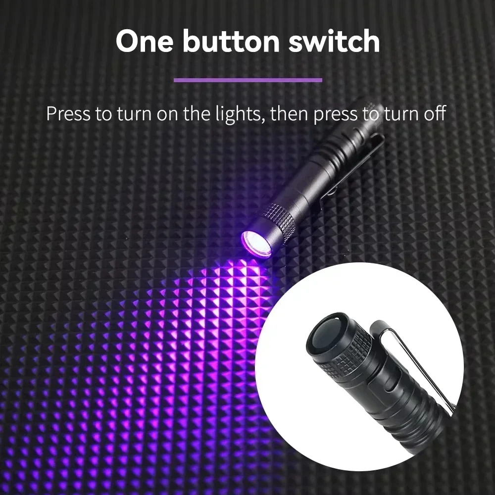 Linterna UV de 395nm, antorcha ultravioleta con Clip para bolígrafo, luz violeta portátil, Detector de escorpión y orina de mascotas, lámpara UV, utiliza baterías AAA