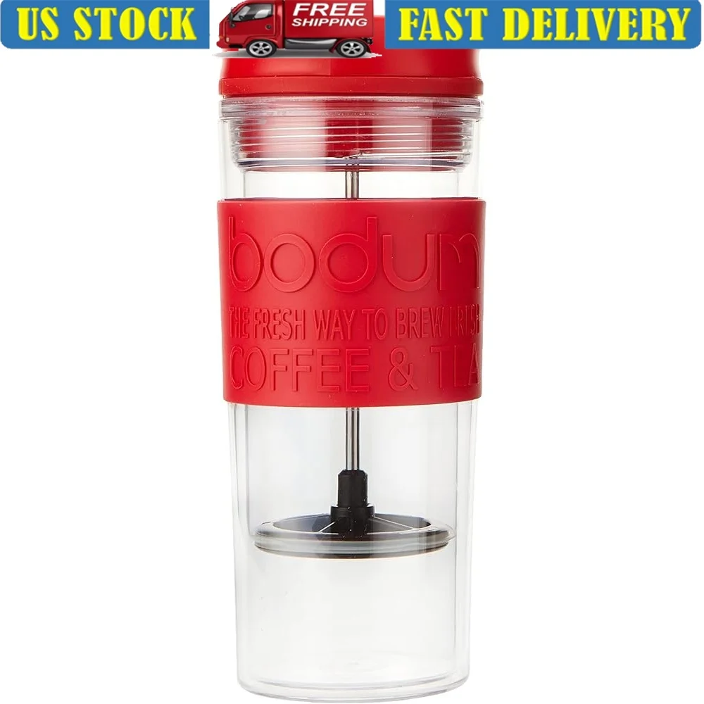 

Travel French Press Coffee Tea Mug 15oz Insulated BPA-Free Plastic Durable Design Quick Brew On-The-Go Dishwasher Safe