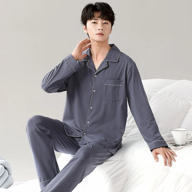 Newest Men Pajamas Set 100% Cotton Spring And Autumn Long Sleeve Pijama Nightwear Male Sleepwear Two Piece Set