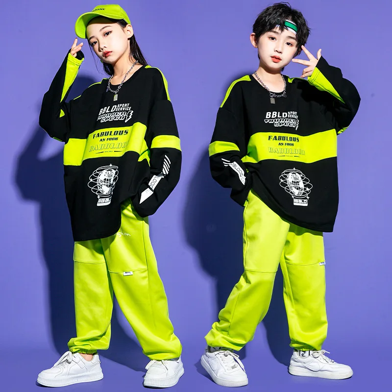 

Kid Kpop Hip Hop Clothing Black Print Sweatshirt Top Green Casual Sweat Jogger Pants for Girls Boys Jazz Dance Costumes Clothes