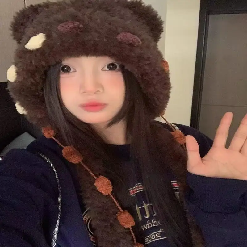 محبوك الدب الأذن قبعة كتلة اللون سميكة أفخم الأذن رفرف قبعة للنساء الفتيات شتاء دافئ حماية الأذن #2