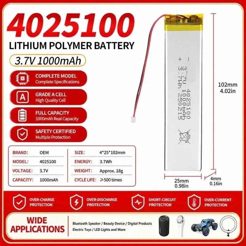 [New] 3pcs 4025100 Polymer Lithium Battery 3.7V 1000mAh Rechargeable for Wardrobe Sensor Light Cabinet Light Strip