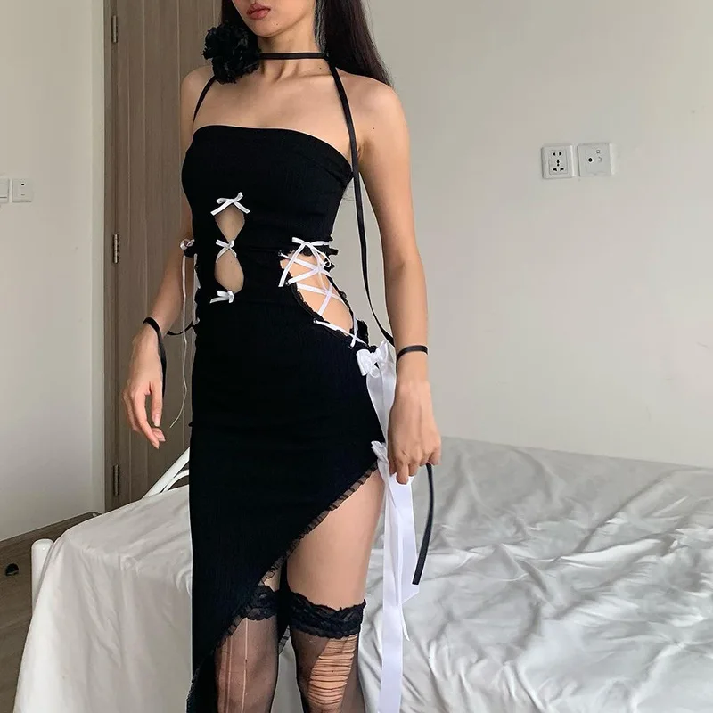 Goth Dark Cut Out Bow Cute Y2k Party Mini Dresses Gothic Strapless Lace Sexy Tube Midi Dress Women Skew Hem Bodycon Club Outfits