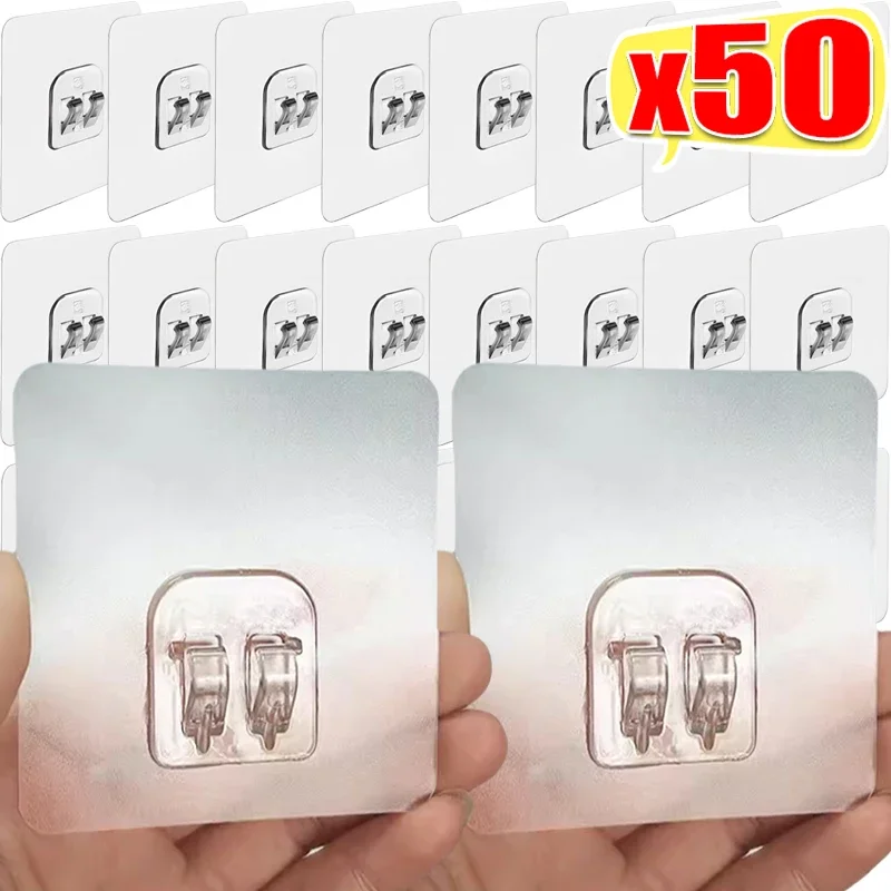 50/1pcs Strong Self Adhesive Hooks Clear Single Double Wall Hook Hanging Holder Kitchen Bathroom Storage Hangers Fixing Stickers