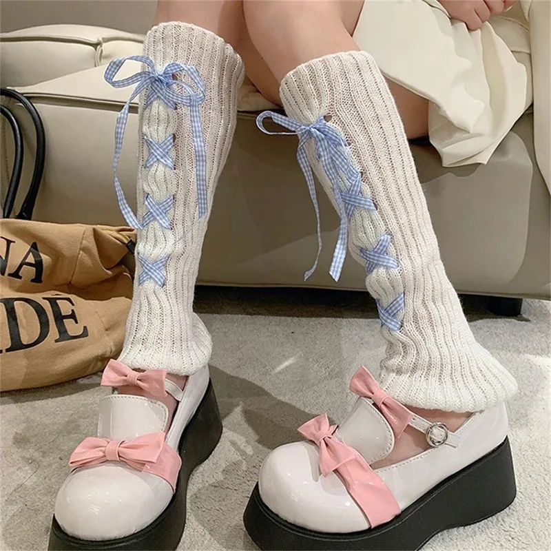 Sweet Cute Ribbon Knitted Sock Covers Girls Stacked Medium Tube Socking Women's Lolita Calf Sleeves Japanese Bandage Boot Cuff