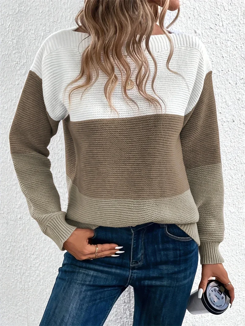 Elegant Three-color Patchwork Sweater Women Daily Commuter Casual Loose Jumpers Female Autumn Winter Knitted Thickened Warm Tops