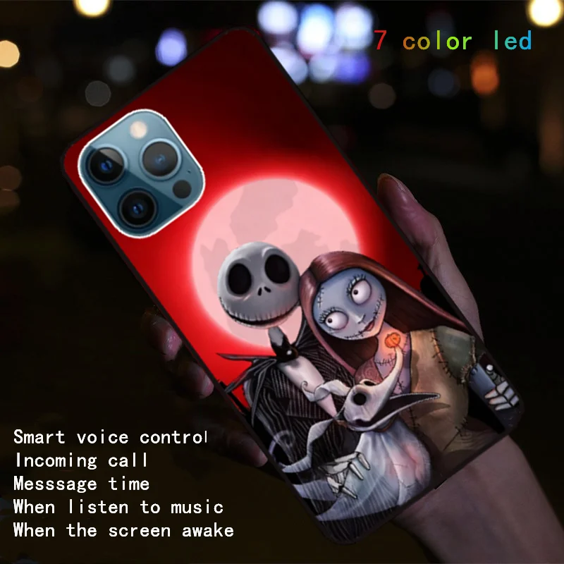 

Nightmare Before Christmas Art Luminous Case For iPhone 17 16 15 14 Pro Max 13 12 Mini 11 LED Flash Cover Funda Jack Skellington