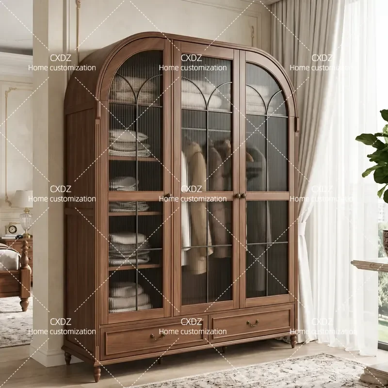 American Solid Wood Walnut Wardrobe Cream Style 3 Door Large Bedroom Closet French Wall Storage Cabinet