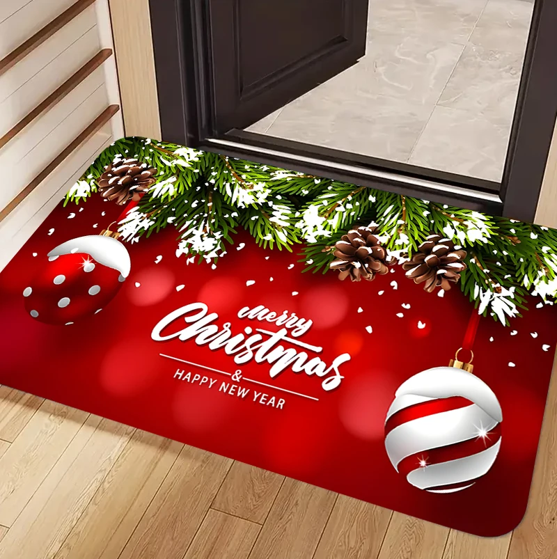 Winter Holiday Floor Rug Merry Christmas & Happy New Year Bauble Pine Branch Snowy Festive Season Decor Area Rug Home Ornament