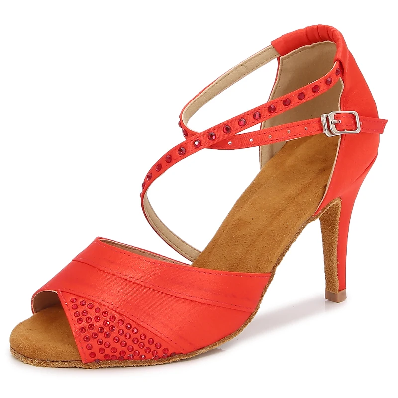 Zapatos de baile latino para mujer, zapatos de tacón para fiesta de salón, Salsa, Tango, sandalias plateadas rojas para niñas, zapatillas de verano