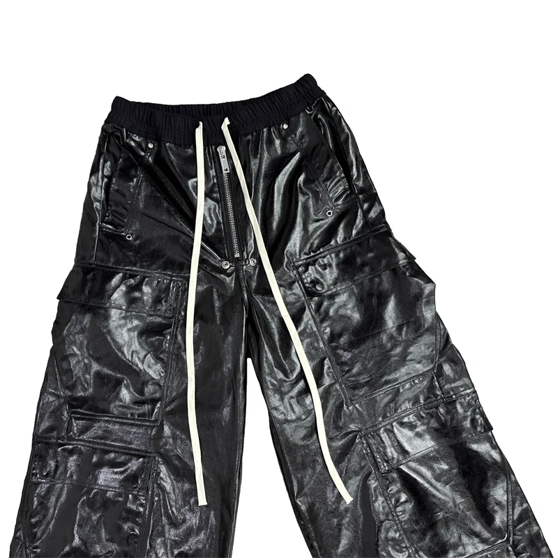 High Street Men's Casual Pants Coating Wax Surface Design Cargo Pants Techwear Full Length Pockets Pants for Men