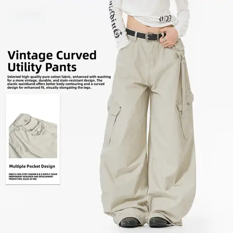 OREETA American Retro Deconstructed Design Work Pants Unisex Casual Multi-Pocket Knife Edge Loose Fit Long Cotton Trousers