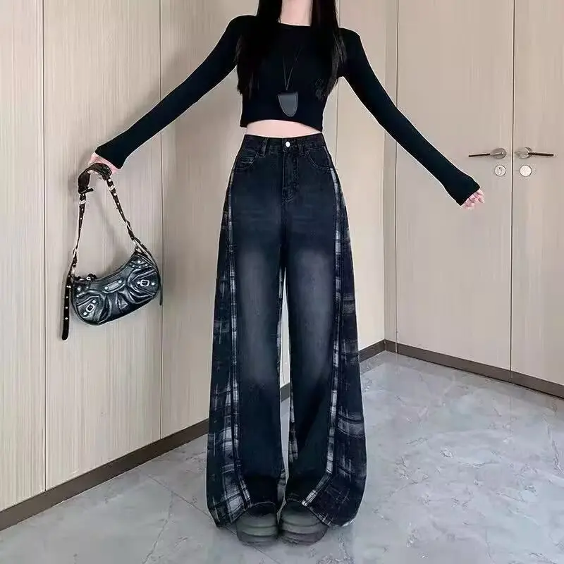 

Винтажные клетчатые лоскутные уникальные женские осенне-зимние расклешенные свободные осенние джинсы длиной до пола
