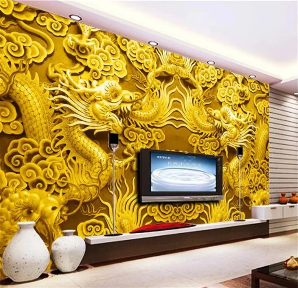 Customized products Photo 3d Wallpaper Woodcarving Chinese Golden Dragon Living room TV background wall Decoration Mural bedroom
