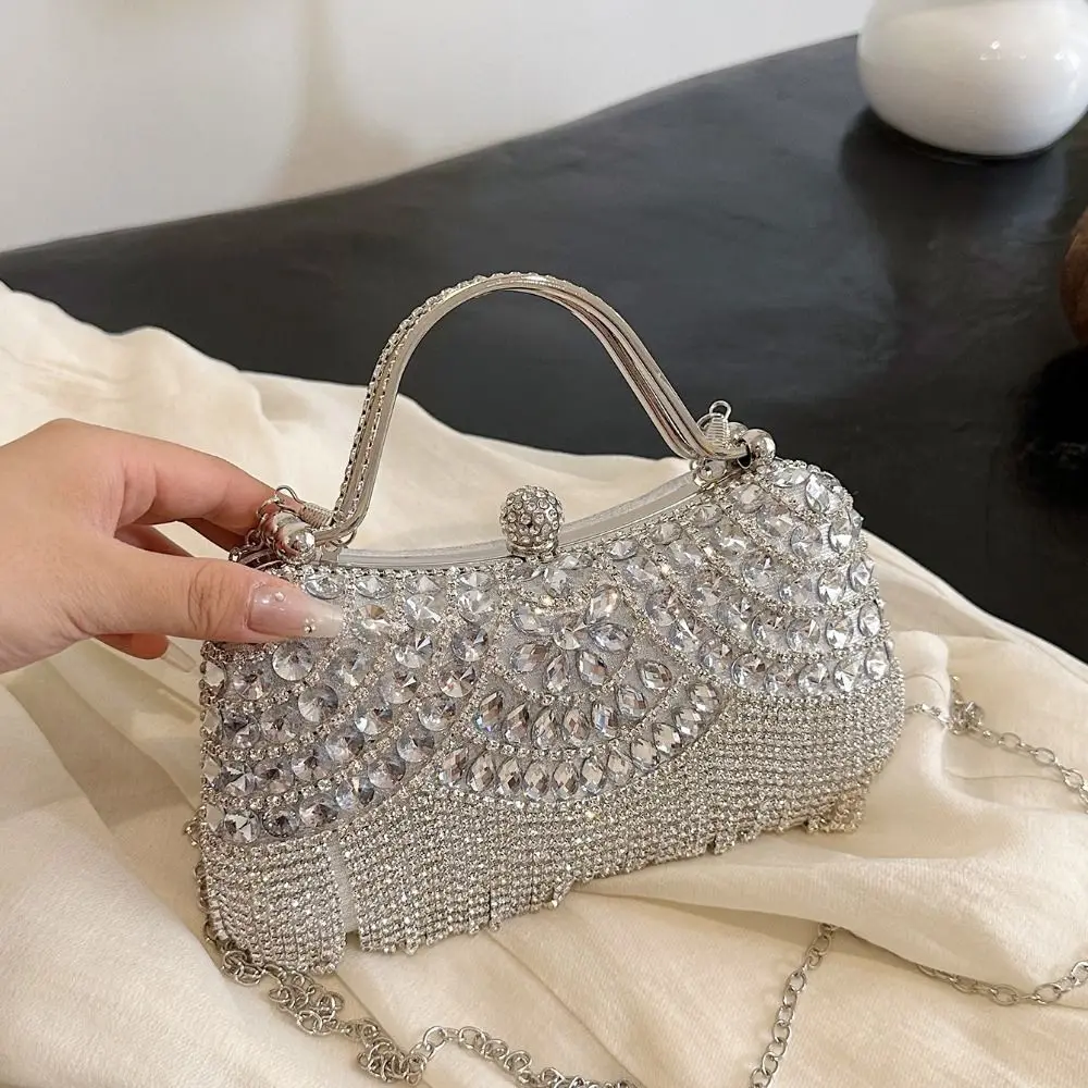 

Metal Top Handle Tassel Evening Banquet Bag Glitter Wrist Bag Box Handbag Rhinestone Large Capacity Ladies Clutch Bag Party