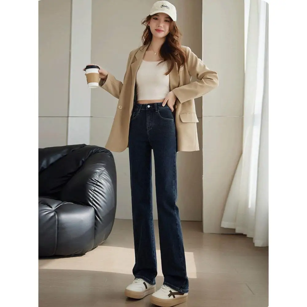 

High Waist Straight Leg Blue ey Jeans Women's Faionable All-Match Spring Thin New Sle Wide Leg Floor-Length Pants