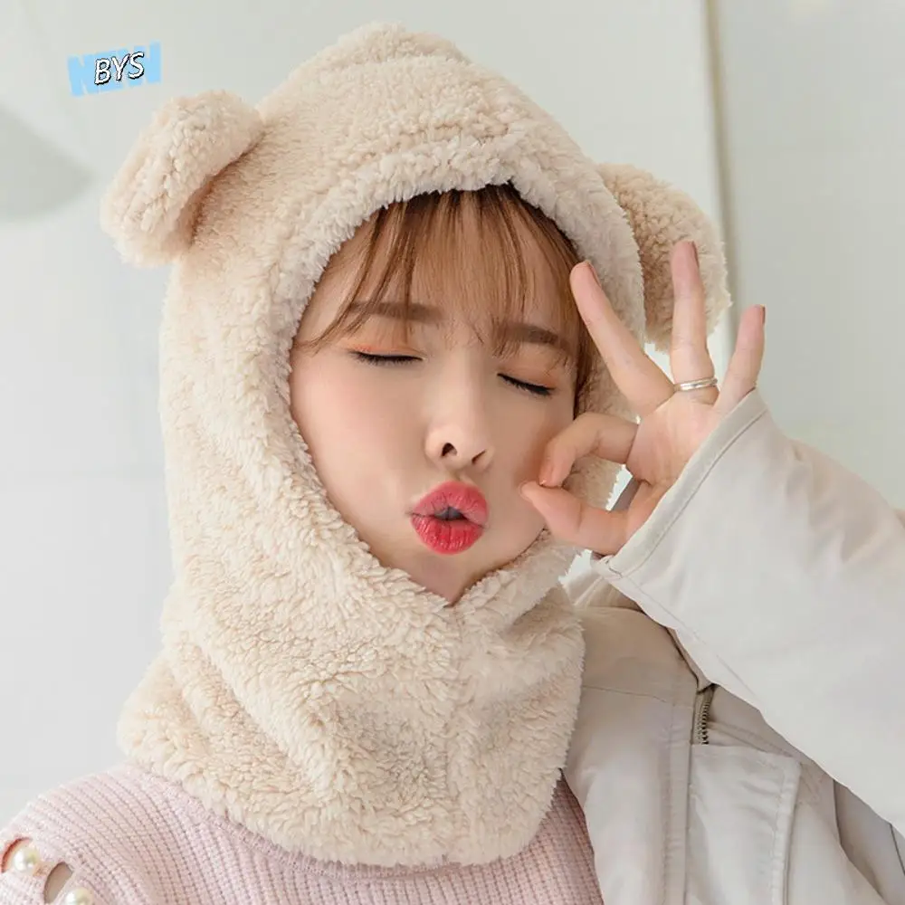 

Casual Cute Bear Ear Hat Scarf Windproof Cartoon Winter Warm Hedging Cap Korean Style Solid Color Plush Hat Scarf Autumn
