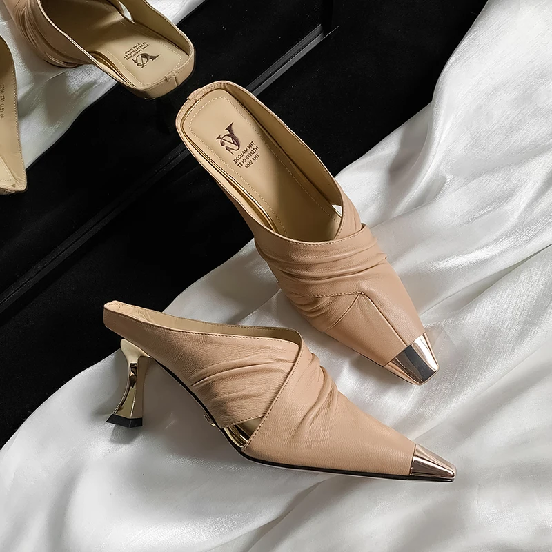 

Mules Women New Genuine Leather Wrinkled Metal Square Toe Closed Toe Stiletto Heel Chic Elegant Outdoor Slides