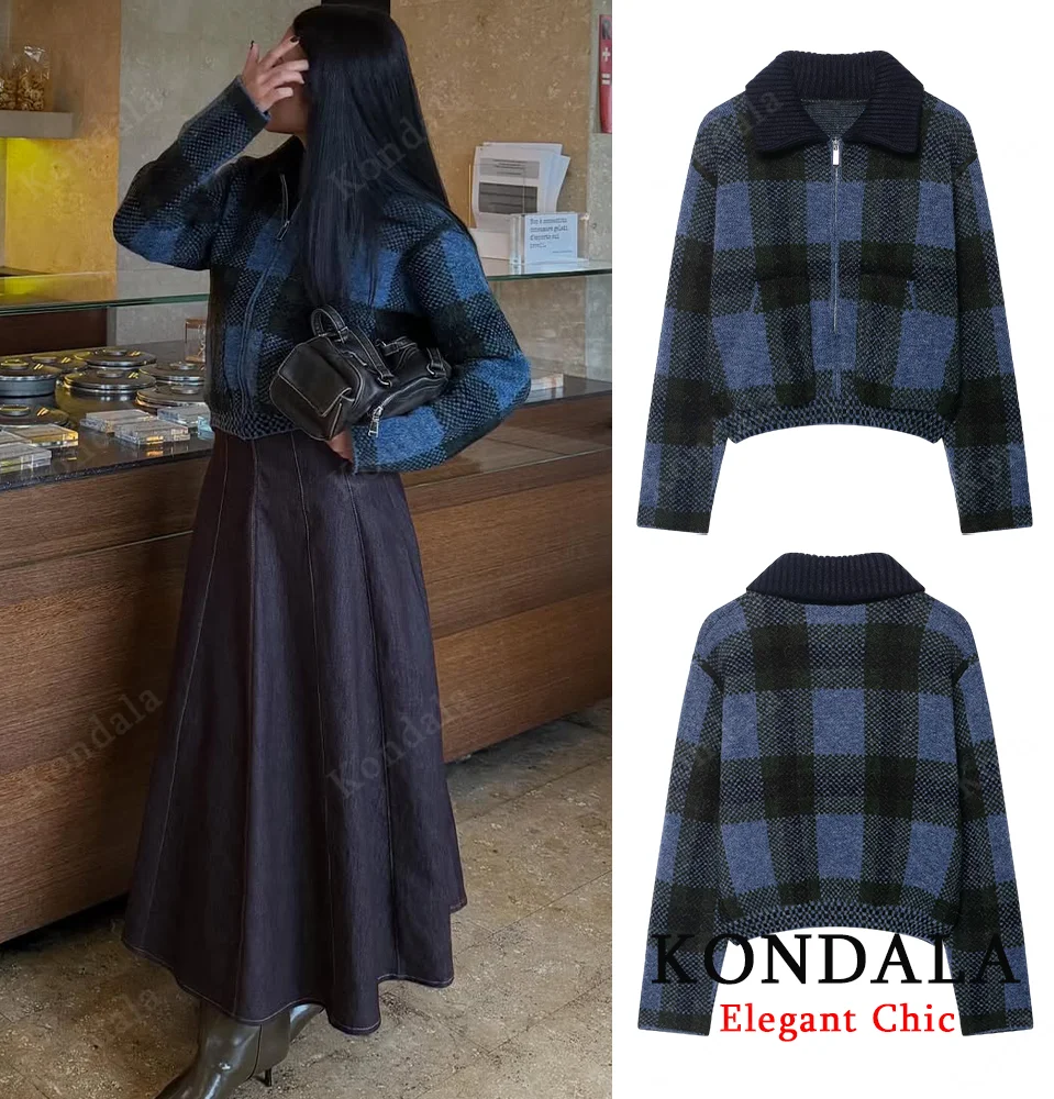 KONDALA Elegant Plaid Knit Coat Women's Fall Winter Casual Zipper Coat 2025 Fashion Vintage Ladies Romantic Dating Autumn Jacket