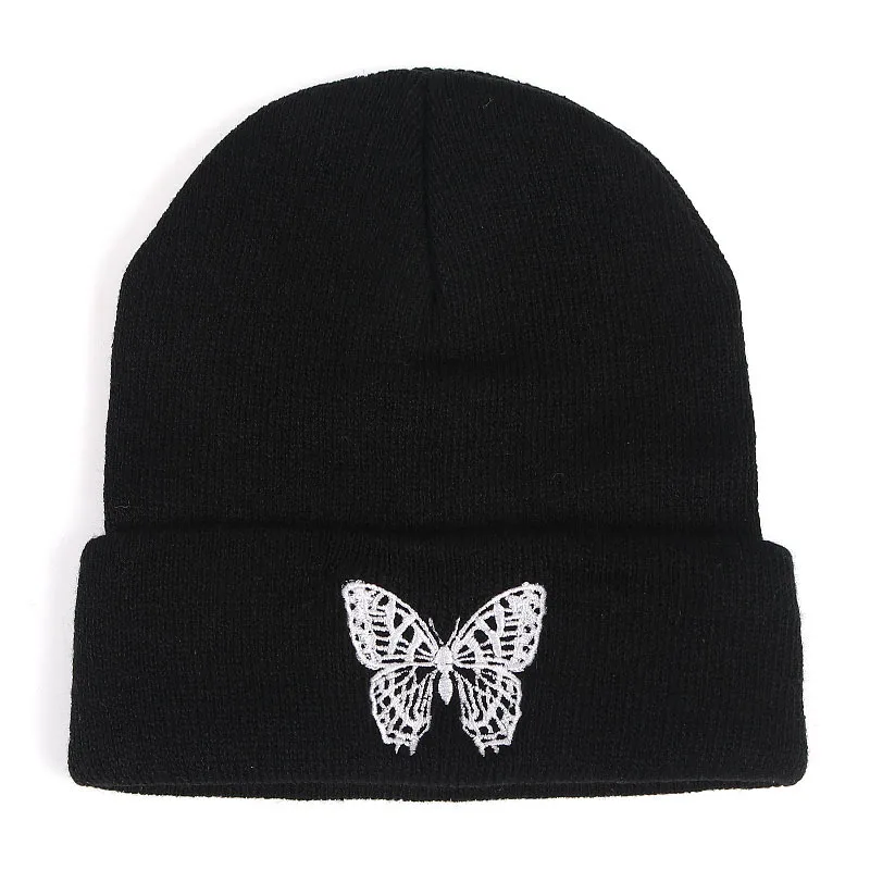 Beanie HatButterfly Embroidery Women Autumn and Winter Black White Embroidery Knitted Hats Skullies For Men and Women Hip Hop