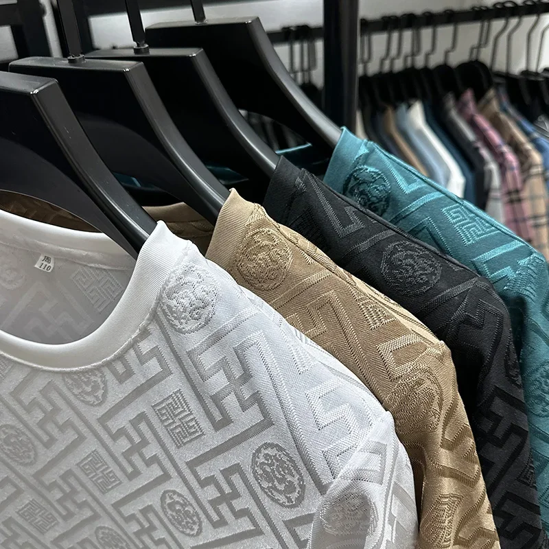 2025 new high-end design men's T-shirt round neck exquisite jacquard short sleeved summer fashion casual elastic men's clothing