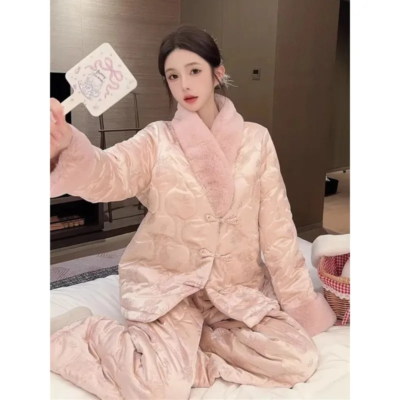 

New Chinese Retro National Style Fur Collar Coral Fleece Pajamas Women's Winter Fleece Thickened Warm Loungewear Large Size Set