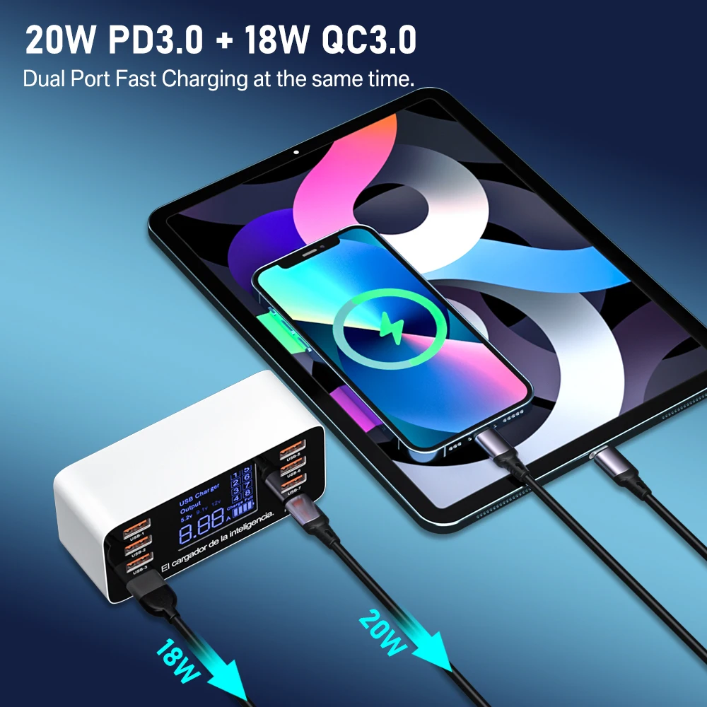 60W 8 Ports USB Phone Charger QC3.0 PD Type C USB C Fast Charger Quick Charge 3.0 Smart LED Display Charging Station Adapter