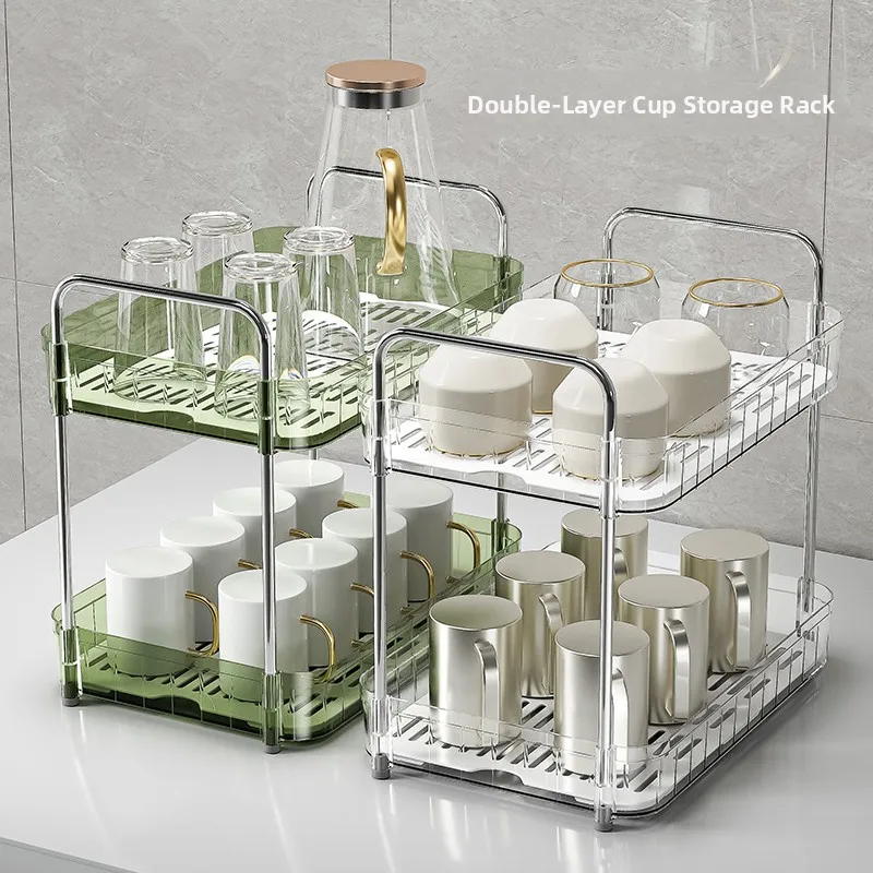 

Double Layer Cup Holder Rack Drainage Tray Storage Organizer for Tea Cups Tabletop Snacks Creative Plastic Home Organizer