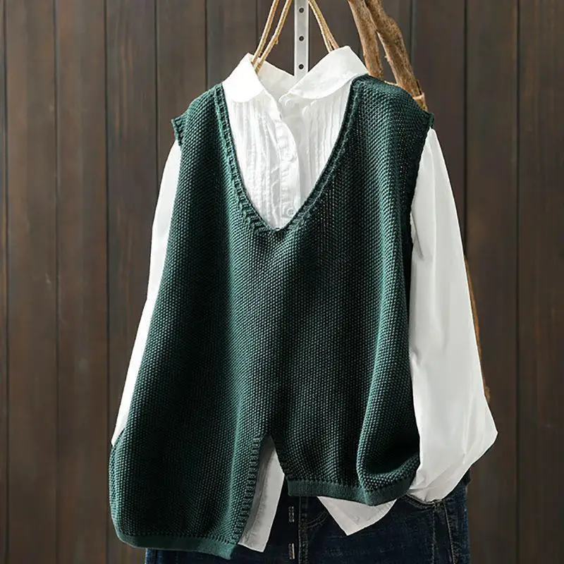 

Women's Loose Knitted Vest Autumn Winter Simple Irregular Hem Ethnic Sle V-Ne Pullover oulder Pad Pure Color