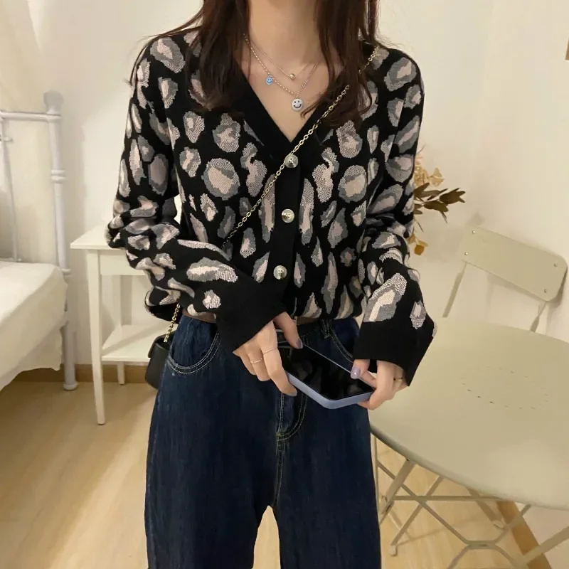 Short Leopard Print All-match Coffee Sweater Cardigan 2021 Fall and Winter New Outerwear Jacket Knitwear Long Sleeve Base Top