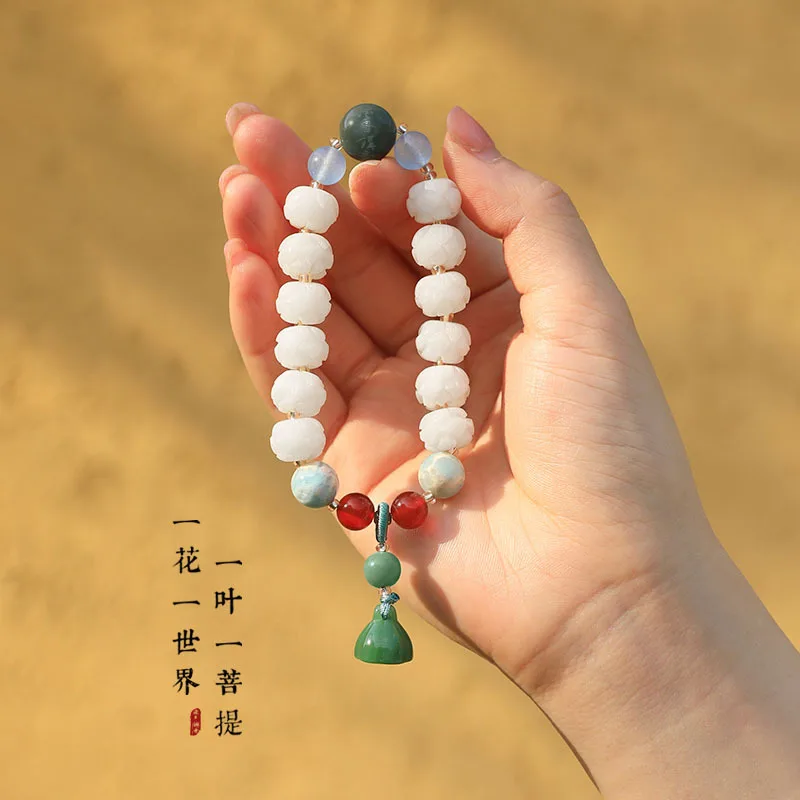 White Jade Bodhi Seed Prayer Beads, Lotus & Lotus Pod Multi-gem Bracelet, Traditional Ornament for Peace & Good Luck