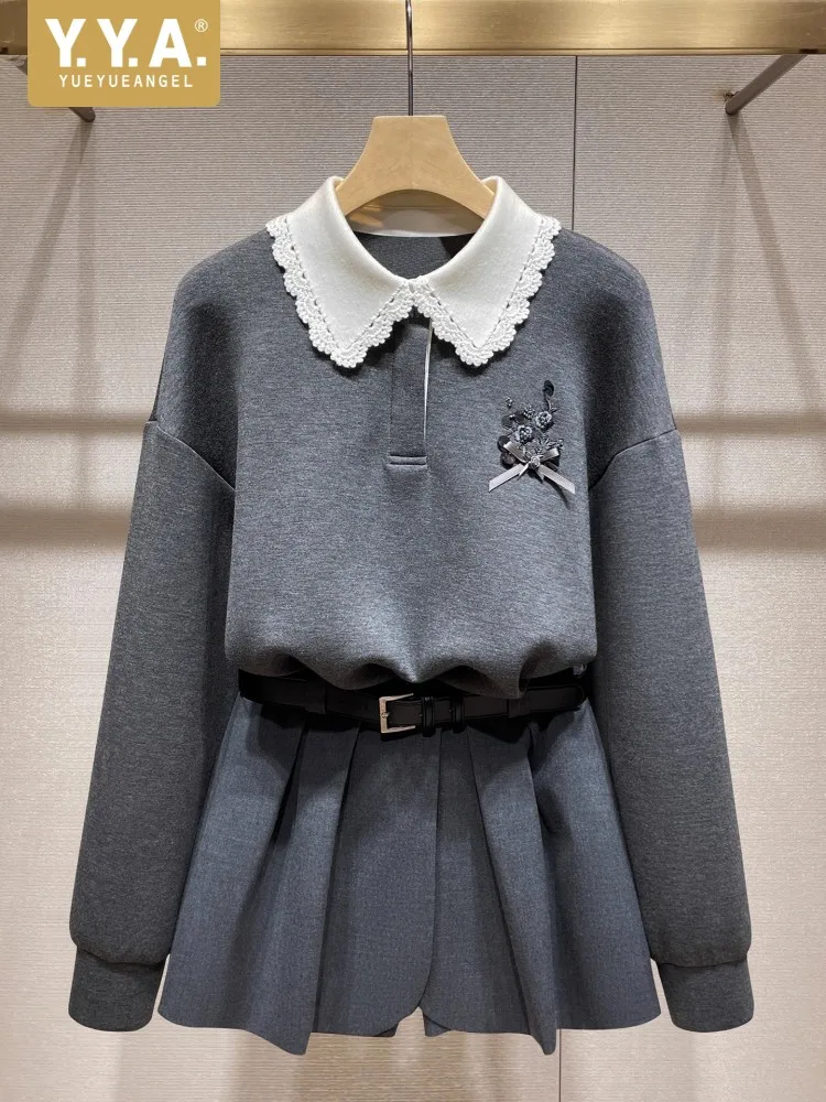 

Autumn College Style Peter Pan Collar Women Sweatshirt Sets Date Party Pullover Top Outfits Above Knee Mini Shorts Two-Piece Set