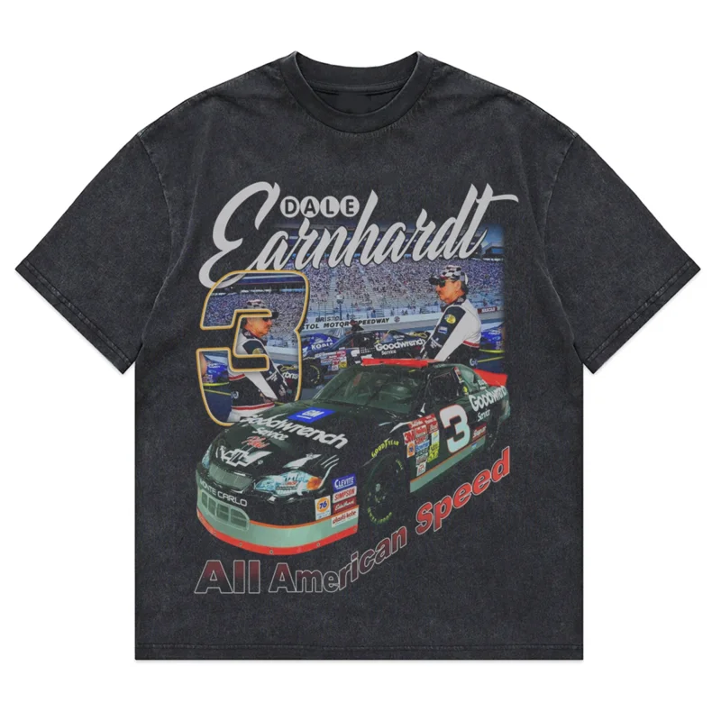 Racing washed T-shirt Dale Arnhardt Hamilton racing FI pattern print loose retro men's and women's casual short sleeved shirt