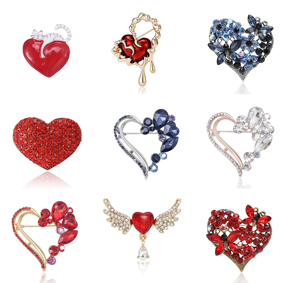 Beaut&Berry Valentine's Day Love Brooches Rhinestone Design Angel Wings and Shiny Heart Pins Available Styles for Couple