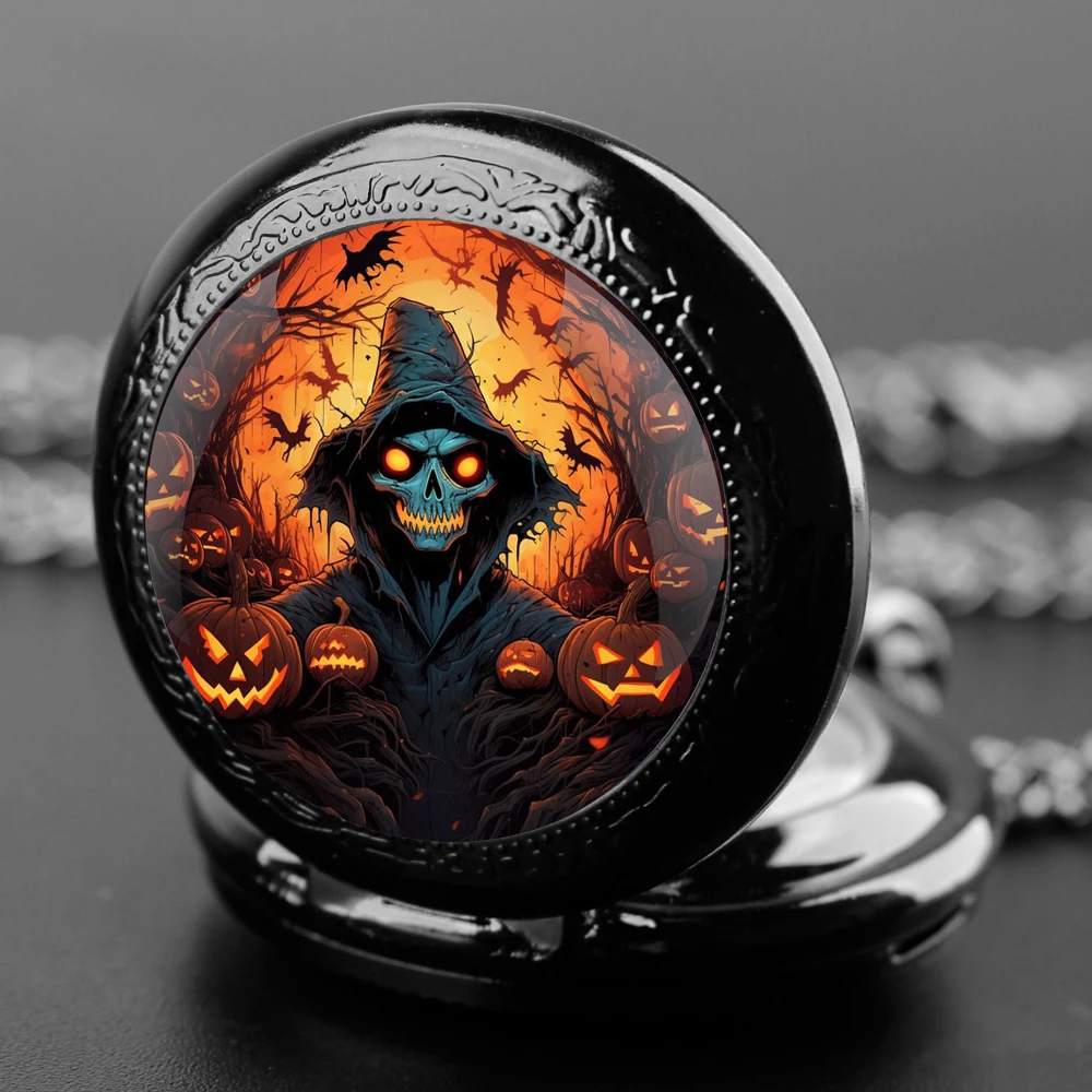 Creative Ghost Design Glass Dome Practical Quartz Pocket Watch Fob Chain Necklace Mens Kids Gifts Clock Halloween Gifts