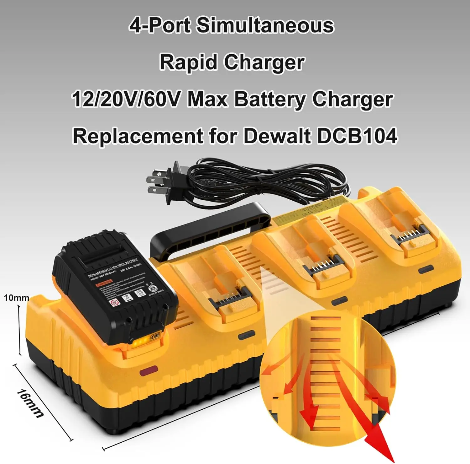 DCB104 Replacement for Dewalt Battery Charger - 4 Port 20V MAX Battery Charger Station with 2 USB Ports Compatible with Dewalt 1