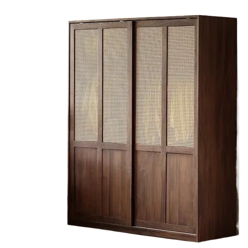 for Medieval Style North American Black Walnut Solid Wood Wardrobe Sliding Door Retro Rattan Weaving Household Large Capacity