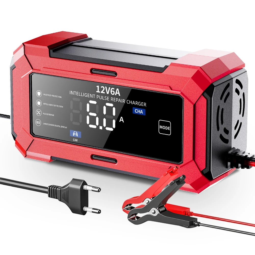 POPDEER PD-BC06 12V6A Pulse Repair Charger for Lead-Acid & Lithium Battery, Overcharge/Reverse/OverTemp Protection, LCD Display